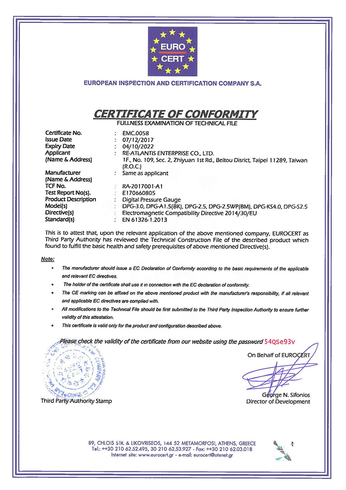 數位壓力表 CE 符合性證書（EMC-0058），符合 2014/30/EU（EMC）與 EN 61326-1:2013 標準